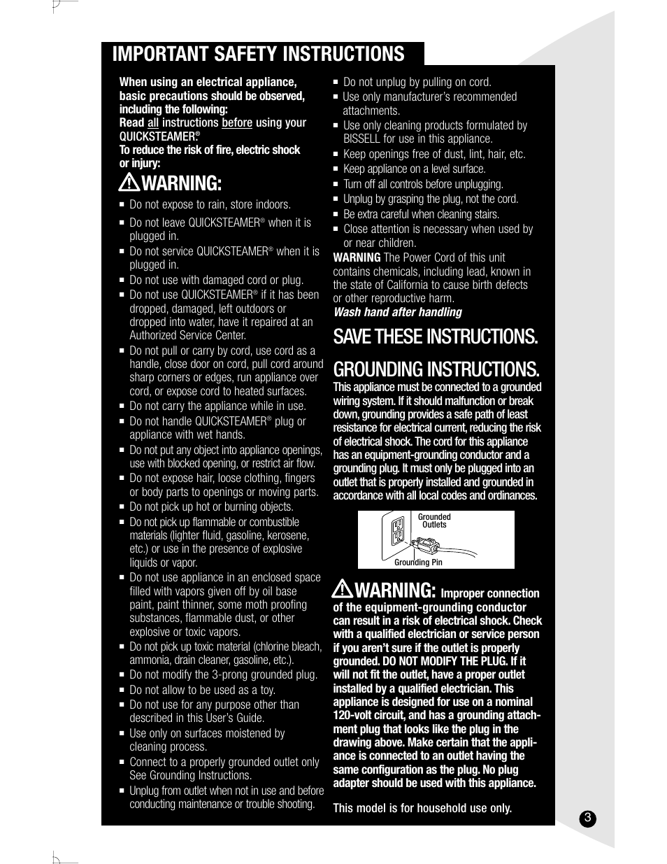 Important safety instructions, Save these instructions. grounding instructions, Warning | Bissell 1960 User Manual | Page 3 / 12