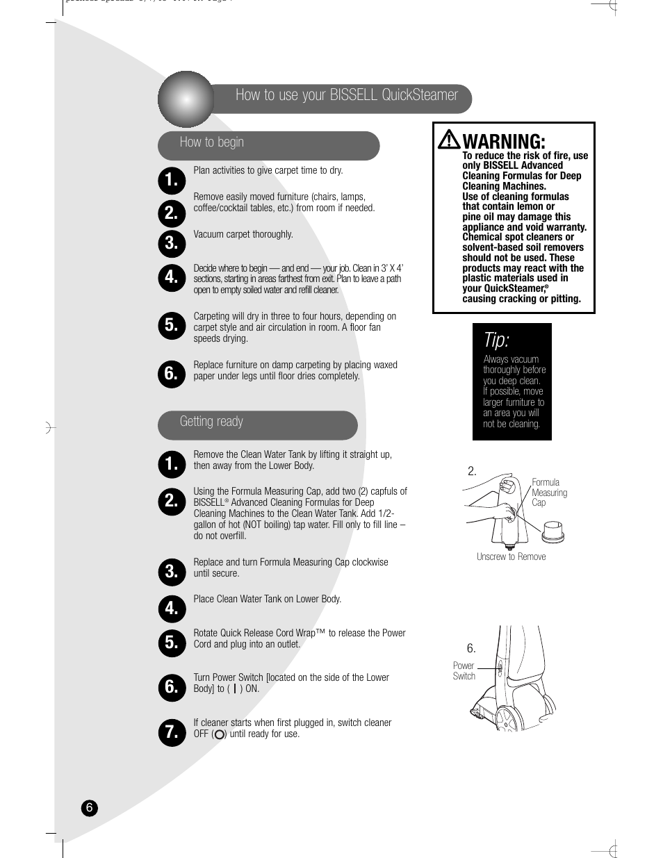 Warning, How to use your bissell quicksteamer | Bissell 1960 User Manual | Page 6 / 12