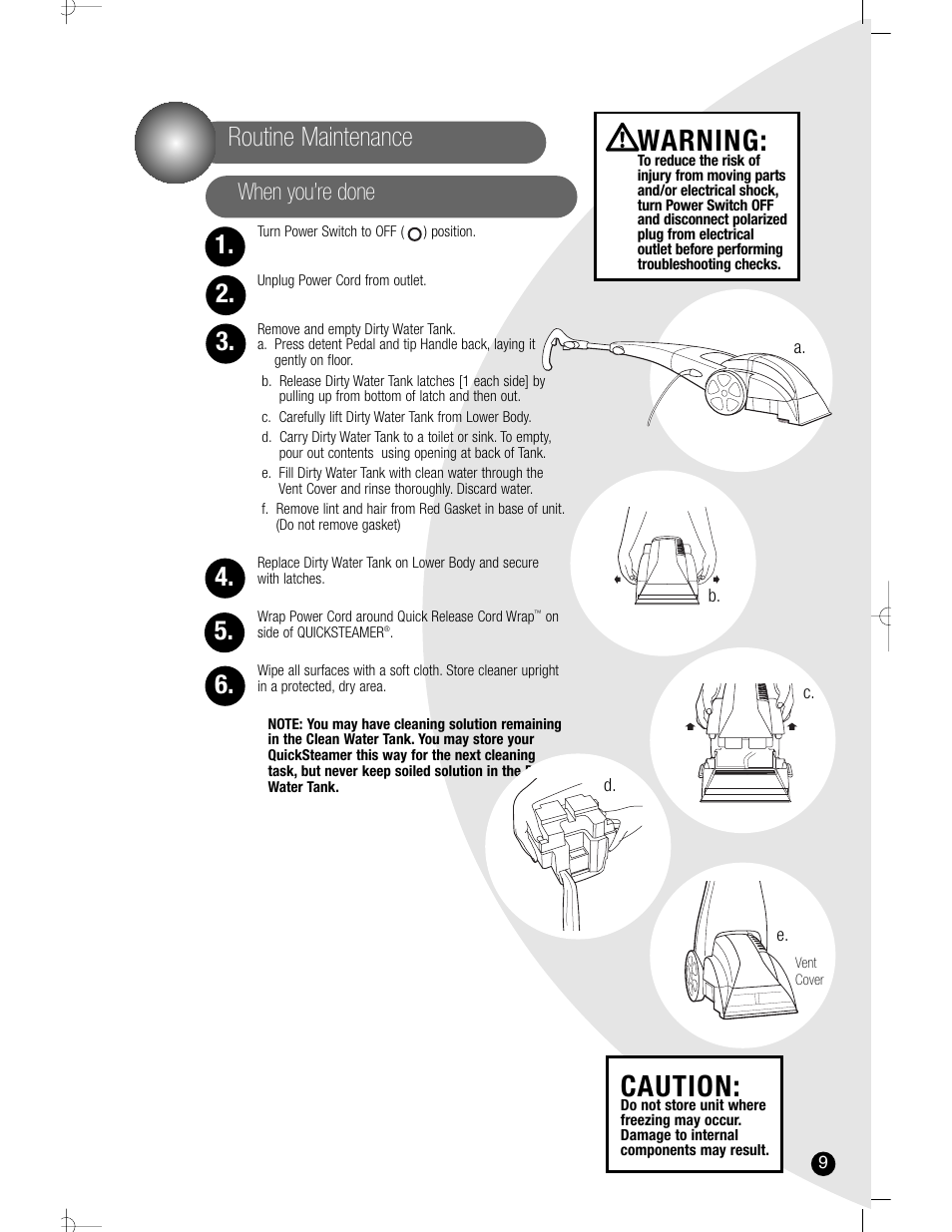 Caution, Warning, Routine maintenance | When you’re done | Bissell 1960 User Manual | Page 9 / 12