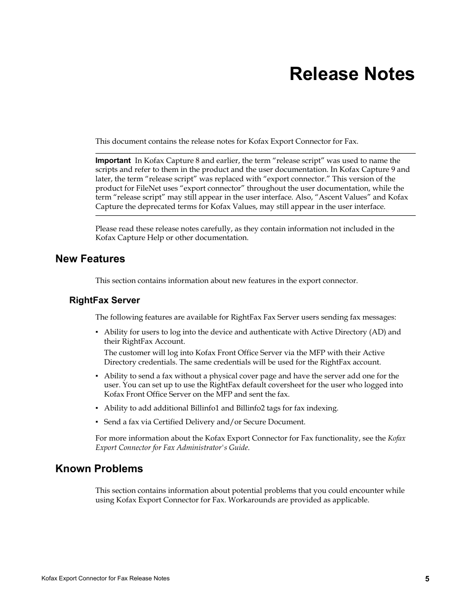 Release notes, New features, Rightfax server | Known problems | Kofax Export Connector for Fax 1.1.0 User Manual | Page 5 / 8