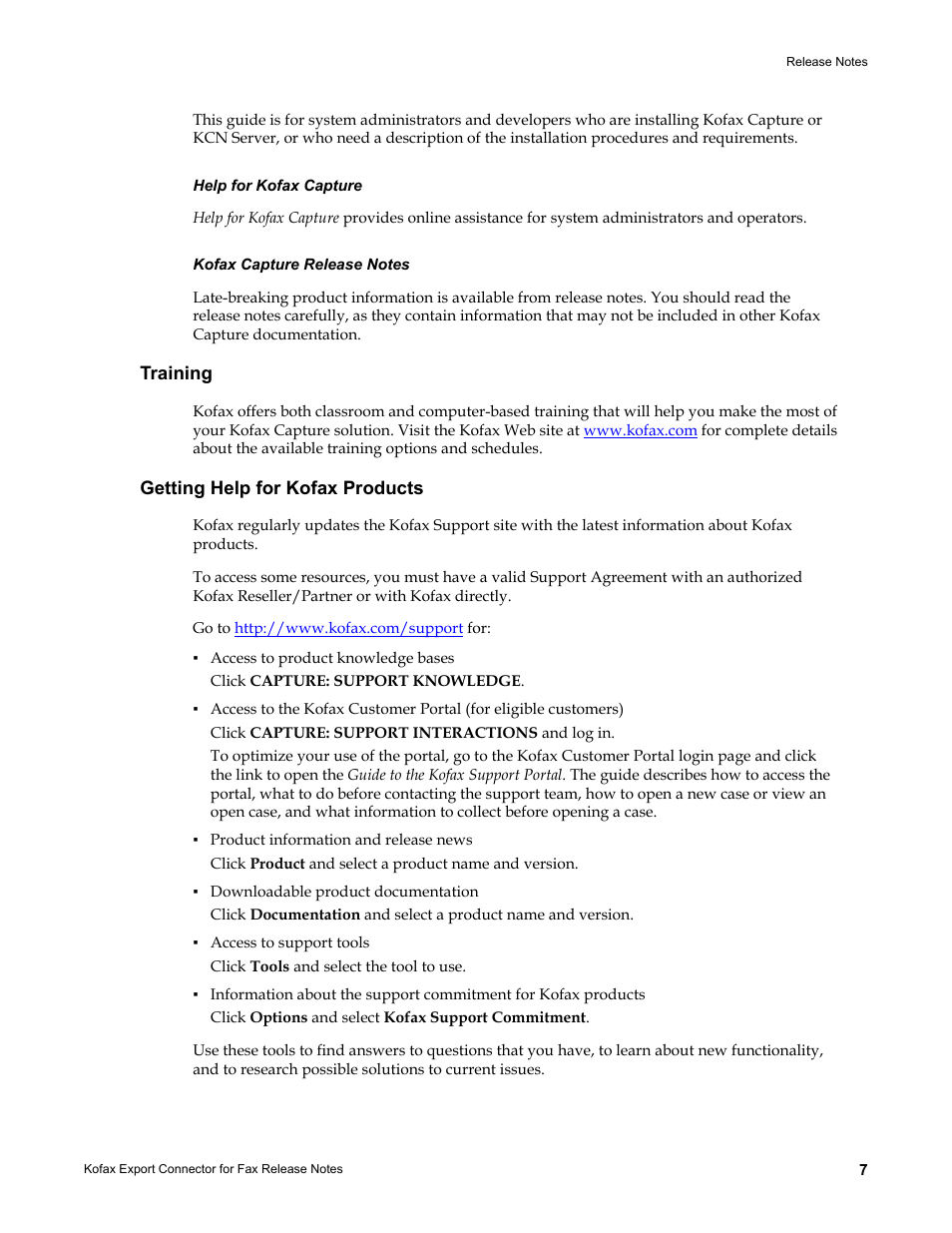 Help for kofax capture, Kofax capture release notes, Training | Getting help for kofax products | Kofax Export Connector for Fax 1.1.0 User Manual | Page 7 / 8