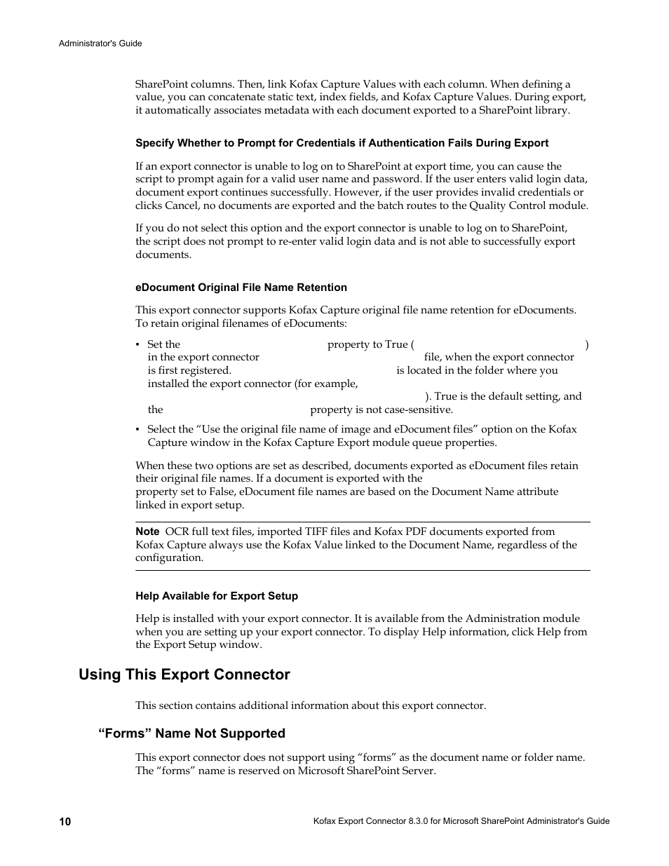 Edocument original file name retention, Help available for export setup, Using this export connector | Forms” name not supported | Kofax Export Connector 8.3.0 for Microsoft SharePoint User Manual | Page 10 / 18