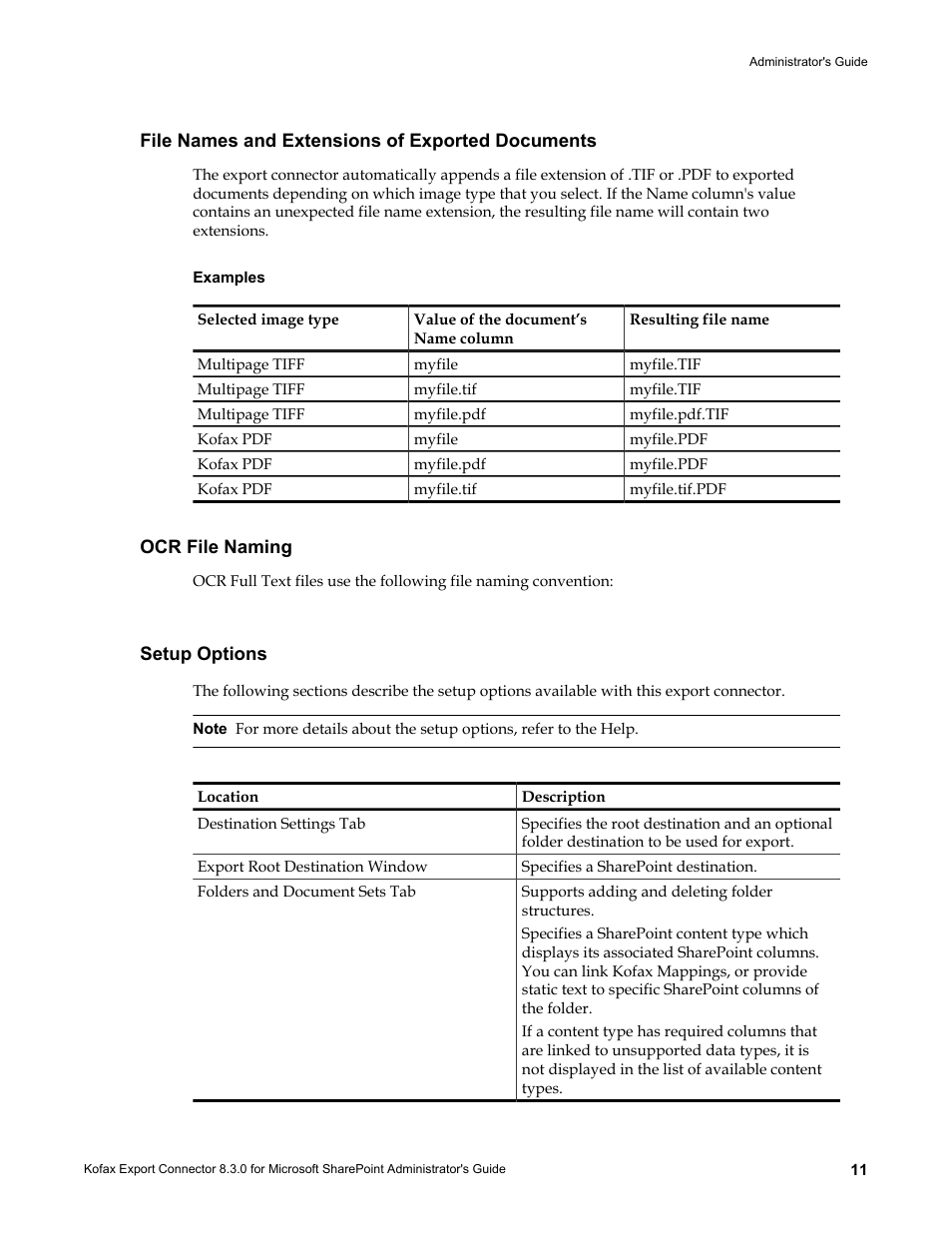 File names and extensions of exported documents, Examples, Ocr file naming | Setup options | Kofax Export Connector 8.3.0 for Microsoft SharePoint User Manual | Page 11 / 18