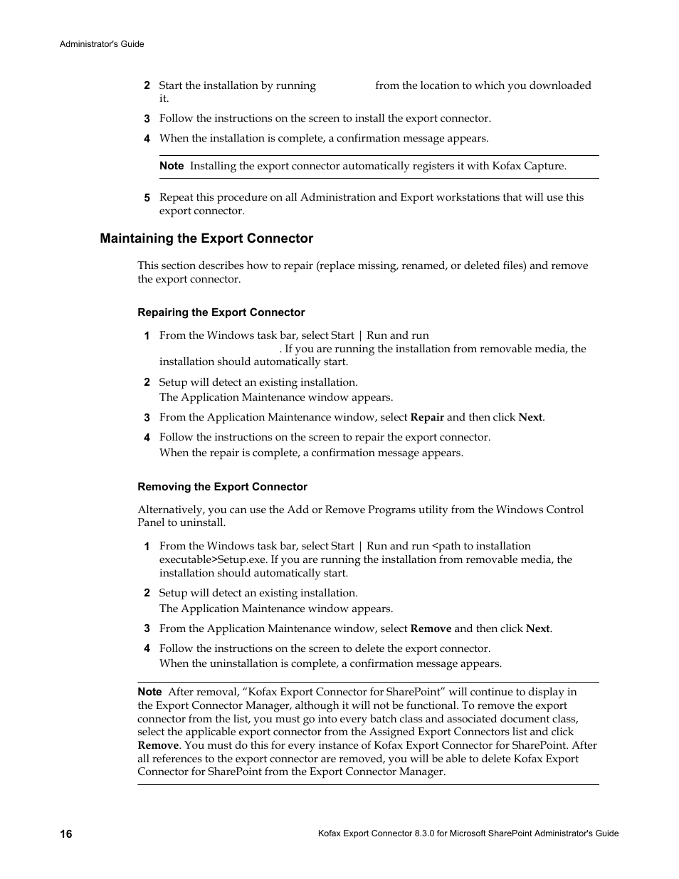 Maintaining the export connector, Repairing the export connector, Removing the export connector | Kofax Export Connector 8.3.0 for Microsoft SharePoint User Manual | Page 16 / 18