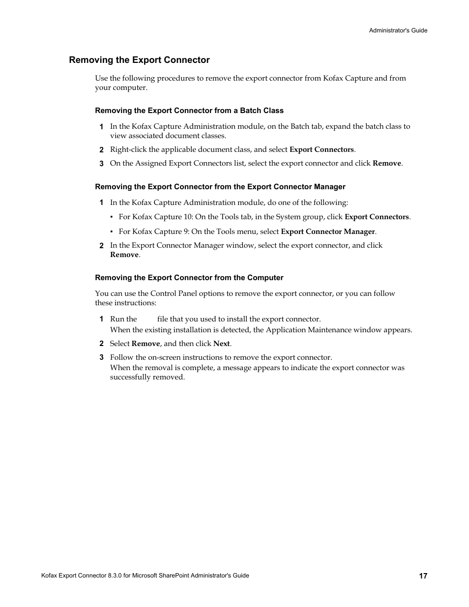 Removing the export connector, Removing the export connector from a batch class, Removing the export connector from the computer | Kofax Export Connector 8.3.0 for Microsoft SharePoint User Manual | Page 17 / 18