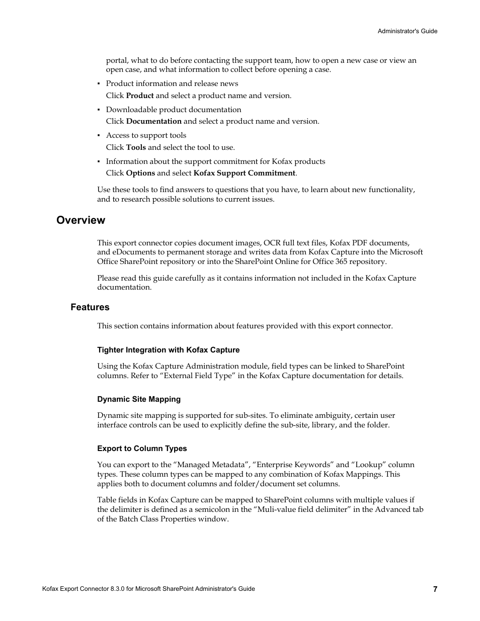 Overview, Features, Tighter integration with kofax capture | Dynamic site mapping, Export to column types | Kofax Export Connector 8.3.0 for Microsoft SharePoint User Manual | Page 7 / 18