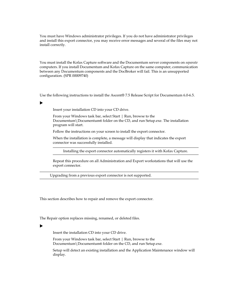 Separate computers, Installation instructions, Application maintenance | Repairing the export connector | Kofax Capture Export Connector User Manual | Page 11 / 18