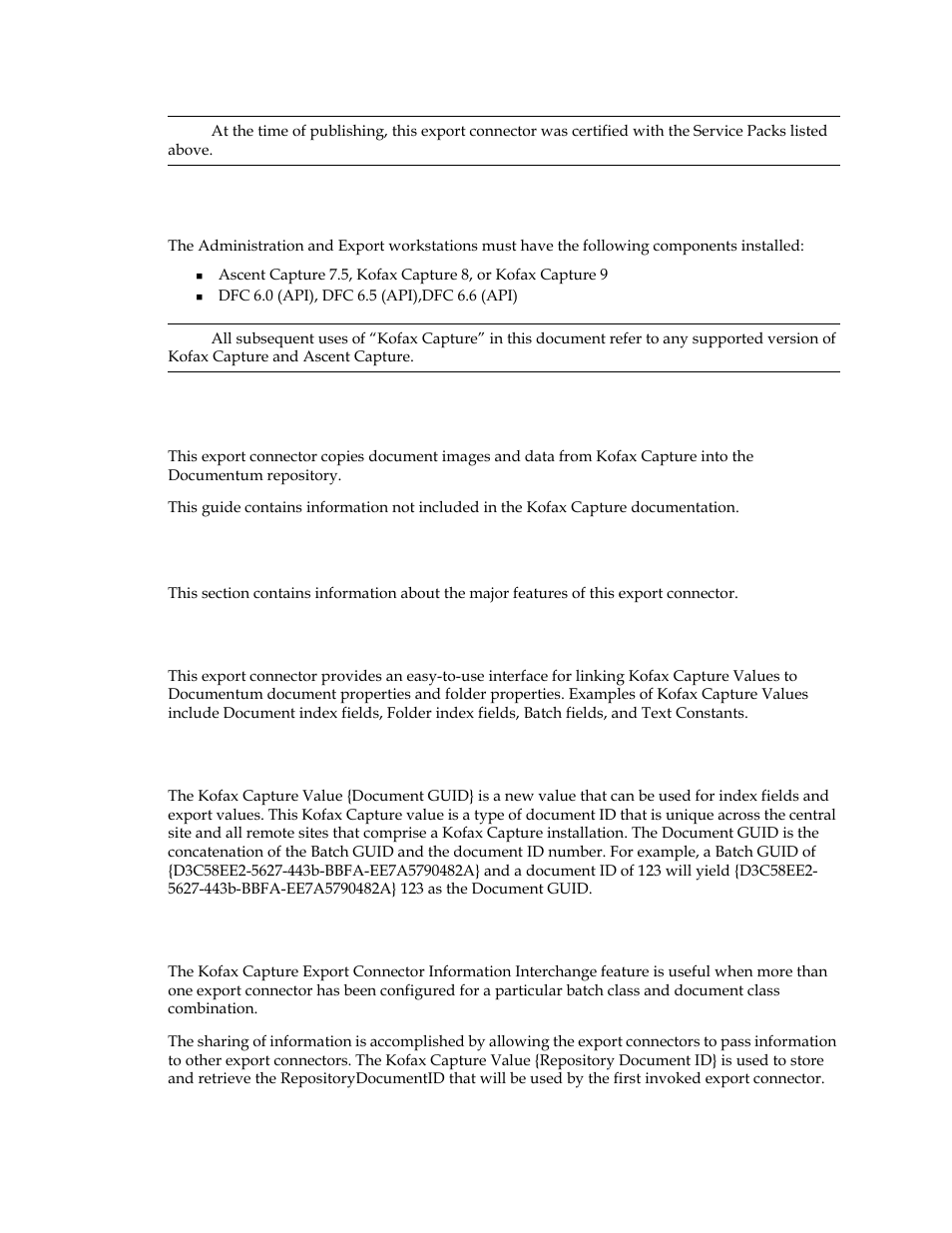 Overview, Features, Kofax capture values / documentum properties | Kofax capture value {document guid, Sharing data among export connectors, Overview features | Kofax Capture Export Connector User Manual | Page 6 / 18