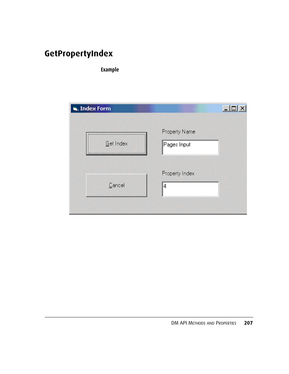 Getpropertyindex | Kofax DM API User Manual | Page 227 / 528