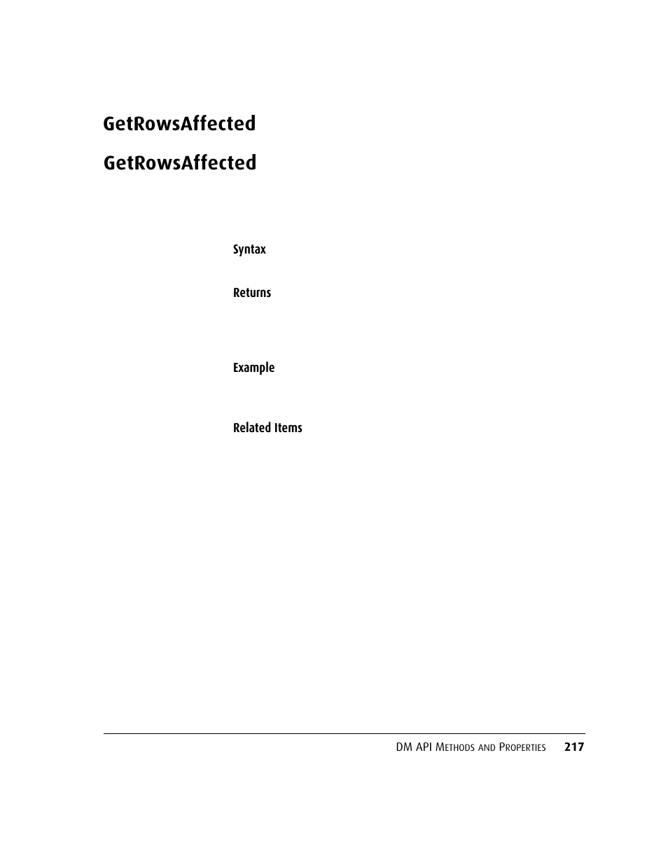 Getrowsaffected, Getrowsaffected 217 | Kofax DM API User Manual | Page 237 / 528