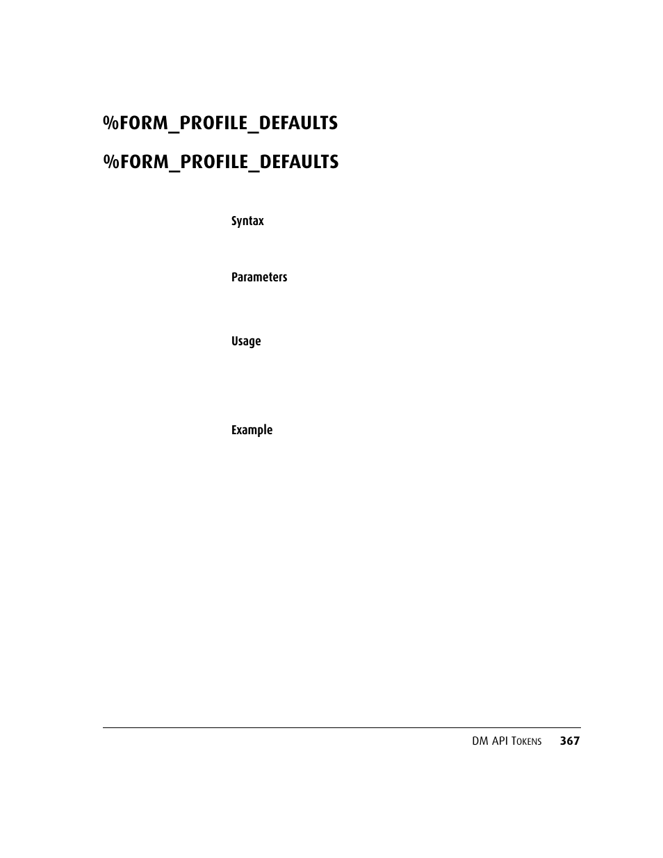 Form_profile_defaults, Form_profile_defaults 36, Syntax | Parameters usage, Example | Kofax DM API User Manual | Page 387 / 528