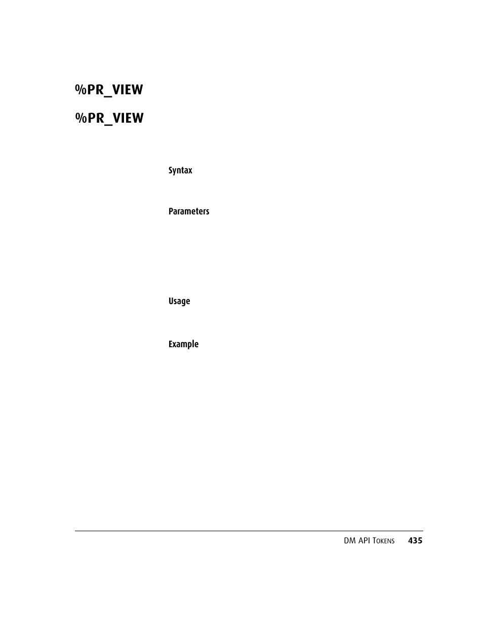 Pr_view, Pr_view 435, Syntax | Parameters usage, Example | Kofax DM API User Manual | Page 455 / 528