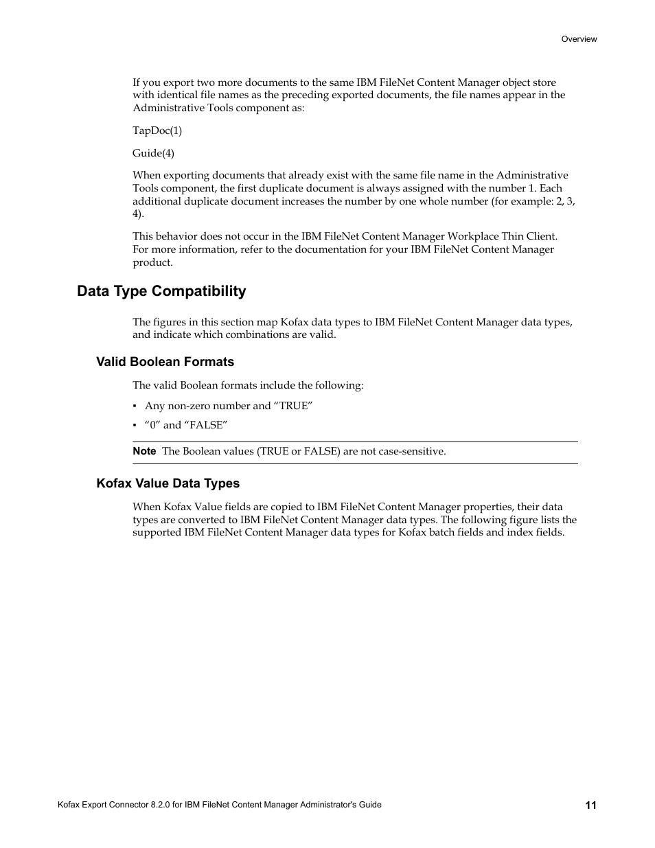 Data type compatibility, Valid boolean formats, Kofax value data types | Kofax Export Connector 8.2.0 for IBM FileNet Content Manager User Manual | Page 11 / 30