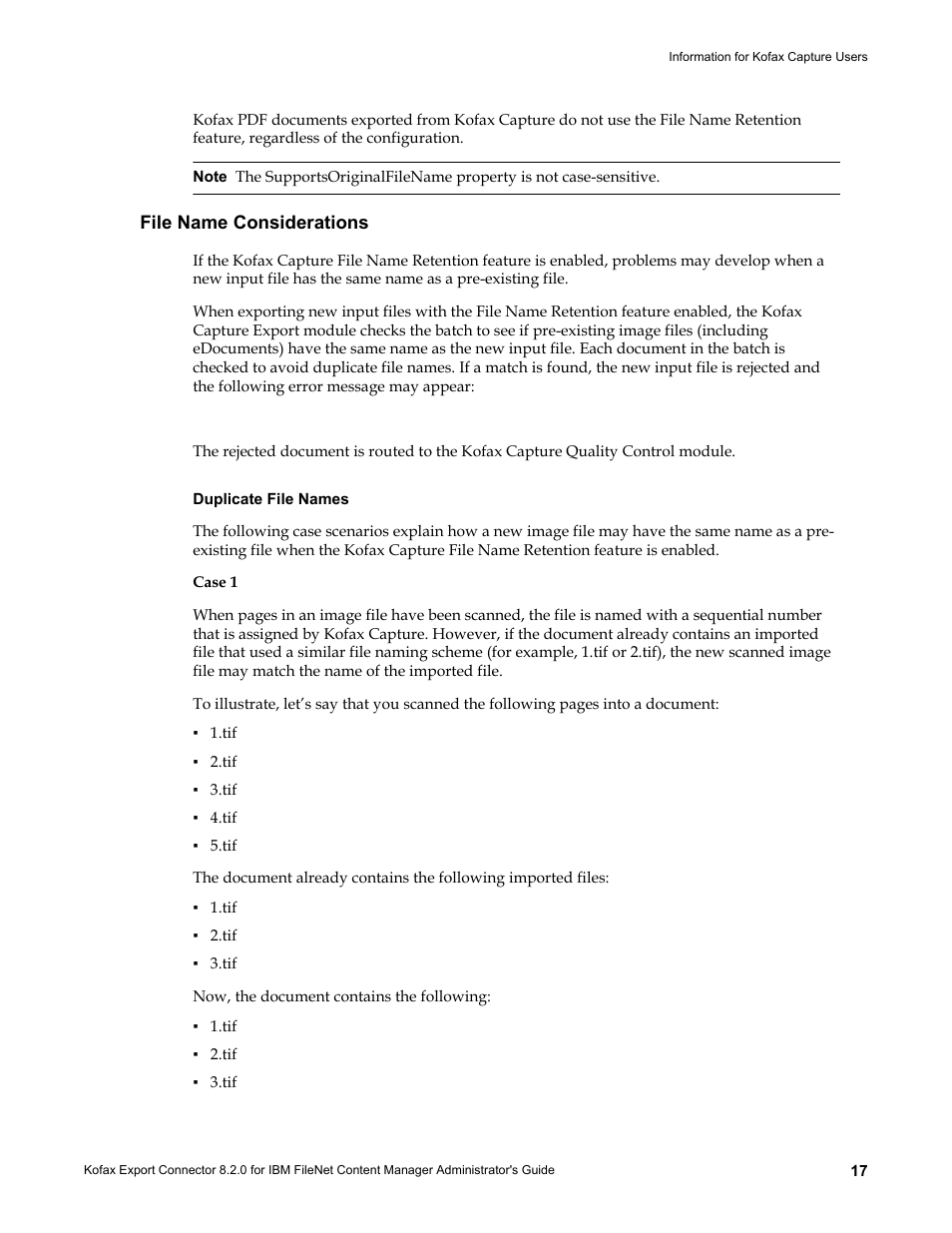 File name considerations, Duplicate file names | Kofax Export Connector 8.2.0 for IBM FileNet Content Manager User Manual | Page 17 / 30