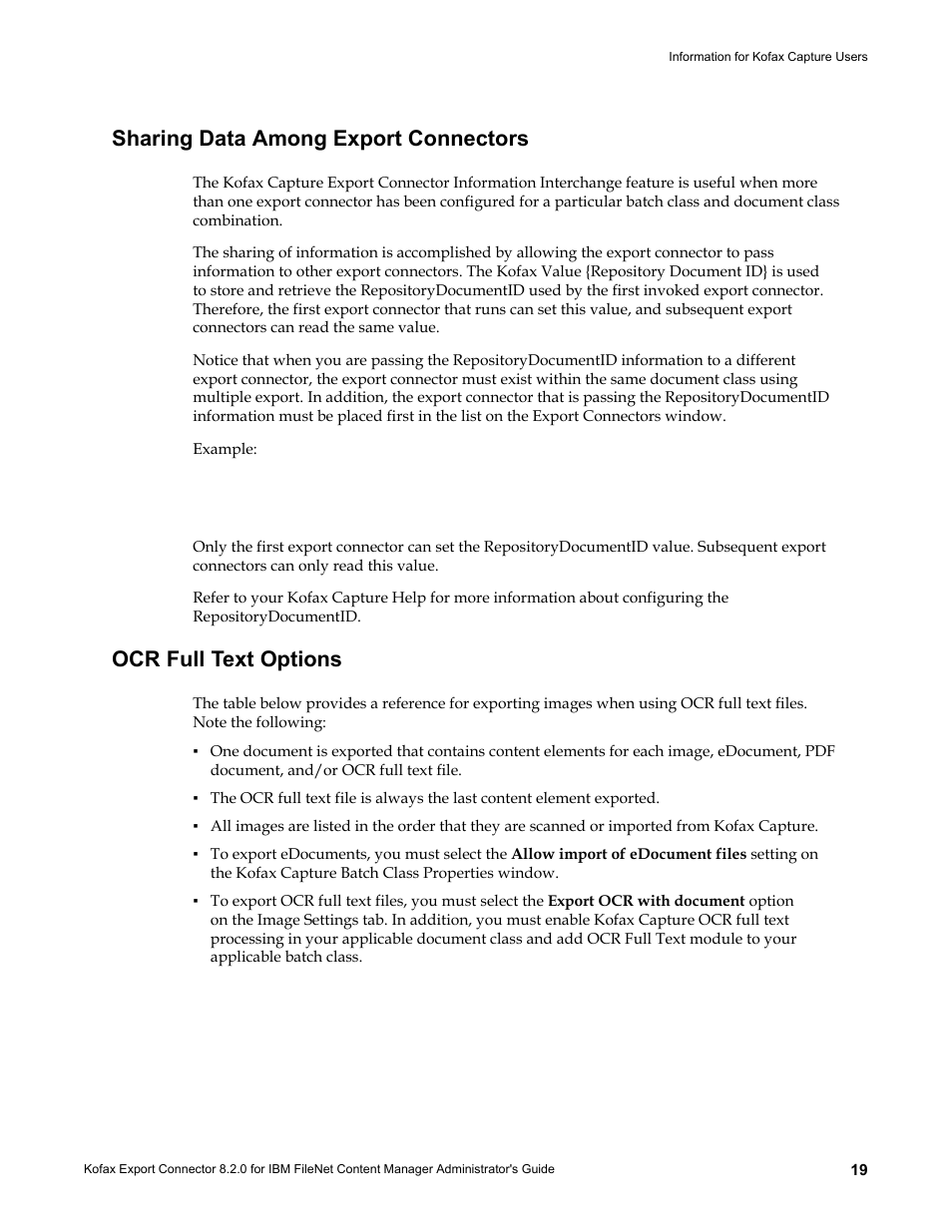 Sharing data among export connectors, Ocr full text options, Refer to | Kofax Export Connector 8.2.0 for IBM FileNet Content Manager User Manual | Page 19 / 30