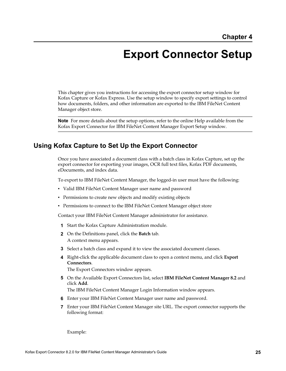 Export connector setup, Using kofax capture to set up the export connector, Chapter 4 | Kofax Export Connector 8.2.0 for IBM FileNet Content Manager User Manual | Page 25 / 30