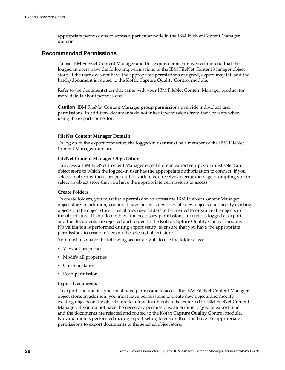 Recommended permissions | Kofax Export Connector 8.2.0 for IBM FileNet Content Manager User Manual | Page 28 / 30