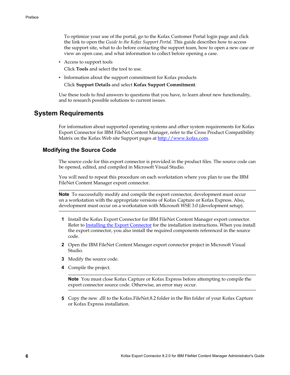 System requirements, Modifying the source code | Kofax Export Connector 8.2.0 for IBM FileNet Content Manager User Manual | Page 6 / 30