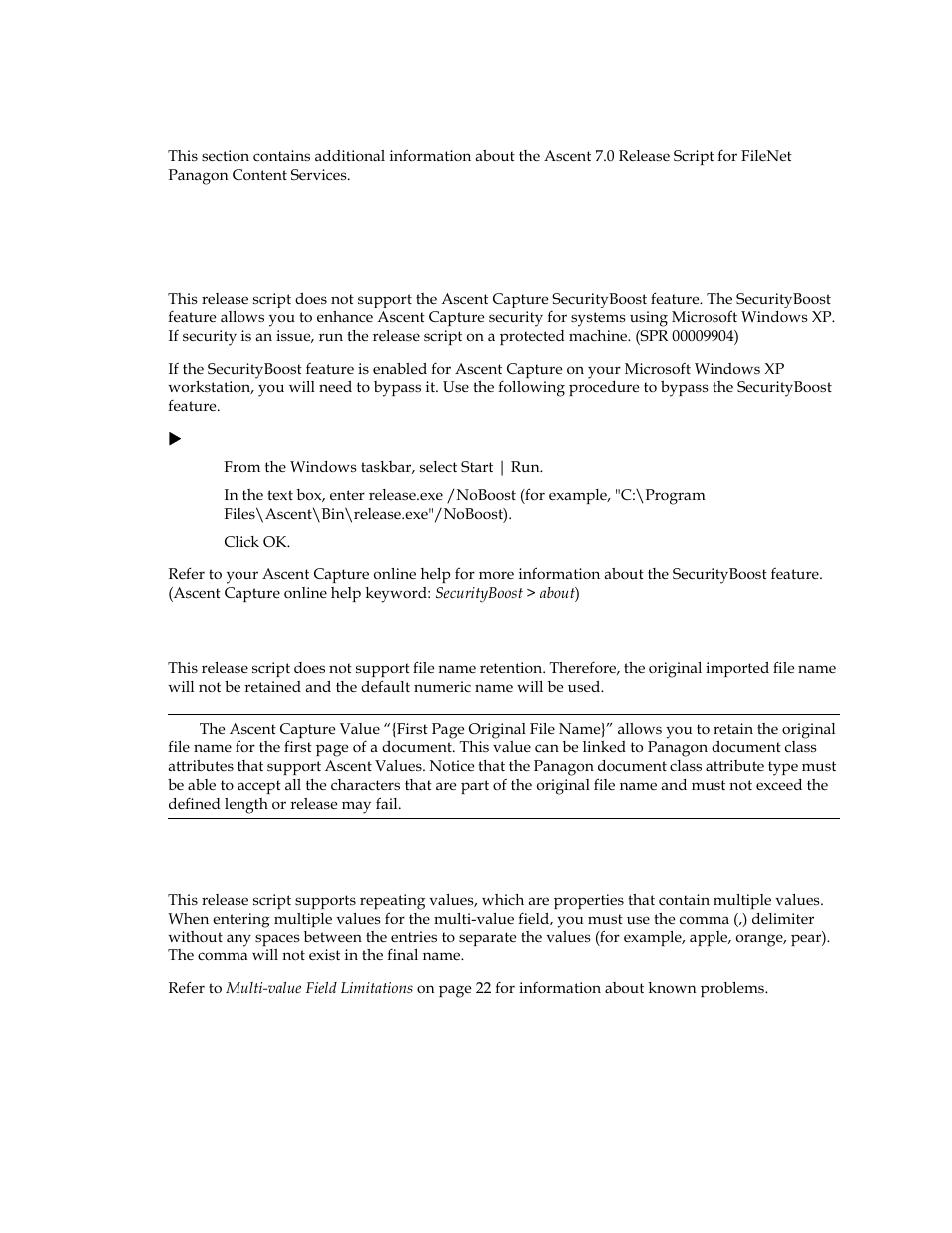 Additional information, Unsupported ascent capture features, Securityboost | File name retention, Multiple values, Securityboost file name retention | Kofax Ascen 7.0 Release Script for FileNet Panagon Content Services 5.2-5.4 User Manual | Page 10 / 30