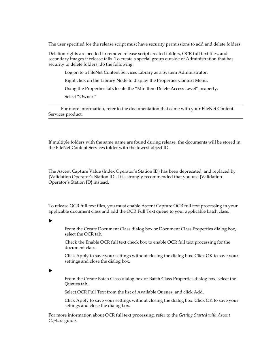 Security rights, Multiple folders with same name, Index operator’s station id} ascent capture value | Ocr full text options | Kofax Ascen 7.0 Release Script for FileNet Panagon Content Services 5.2-5.4 User Manual | Page 11 / 30