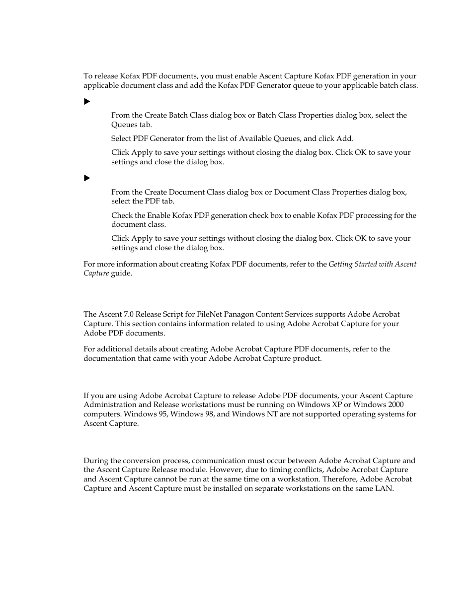 Kofax pdf options, Adobe acrobat capture options, Operating system requirements for ascent capture | Kofax pdf options adobe acrobat capture options | Kofax Ascen 7.0 Release Script for FileNet Panagon Content Services 5.2-5.4 User Manual | Page 12 / 30