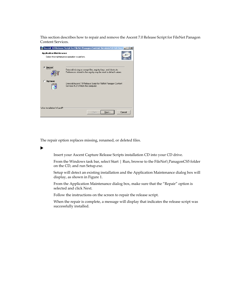 Application maintenance, Repairing the script | Kofax Ascen 7.0 Release Script for FileNet Panagon Content Services 5.2-5.4 User Manual | Page 16 / 30