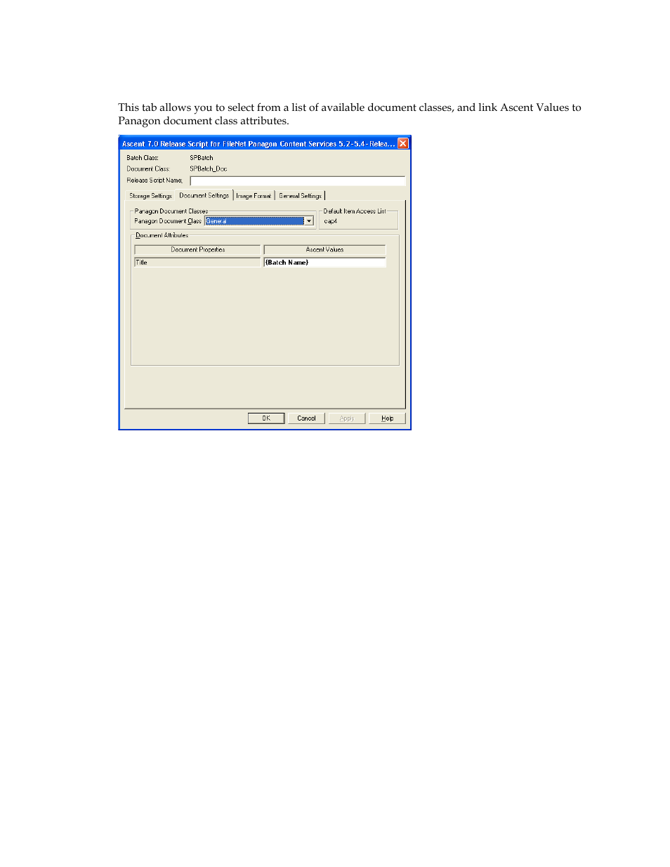 Document settings tab | Kofax Ascen 7.0 Release Script for FileNet Panagon Content Services 5.2-5.4 User Manual | Page 21 / 30