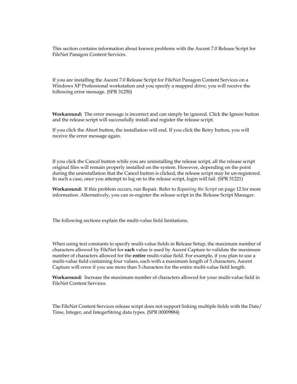 Known problems, Problems when installing on windows xp, Problems when uninstalling the release script | Multi-value field limitations, Using multi-value fields with text constants | Kofax Ascen 7.0 Release Script for FileNet Panagon Content Services 5.2-5.4 User Manual | Page 26 / 30