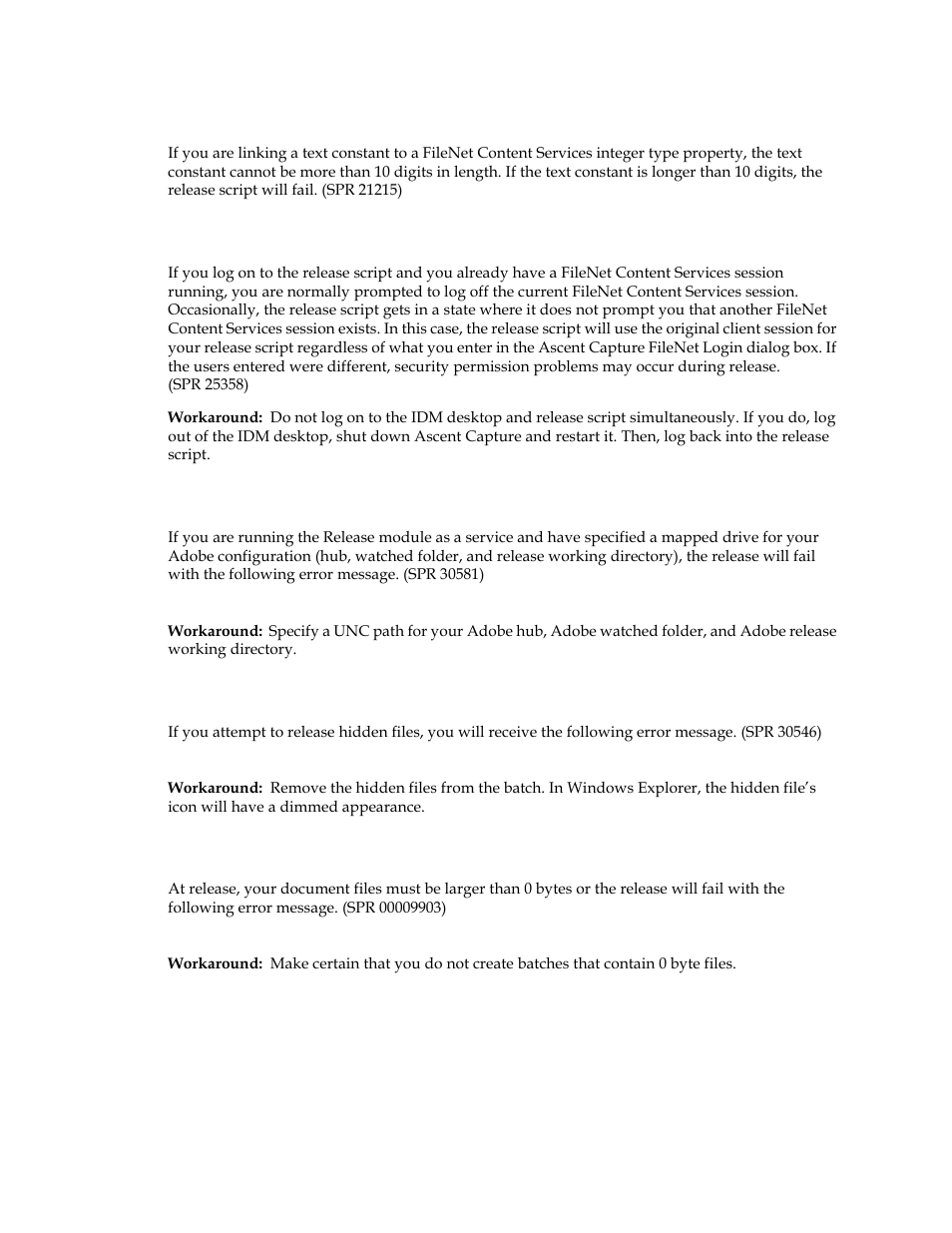 Length of text constants, Running the release module as a service, Releasing hidden files is not supported | Releasing documents with 0 bytes | Kofax Ascen 7.0 Release Script for FileNet Panagon Content Services 5.2-5.4 User Manual | Page 27 / 30