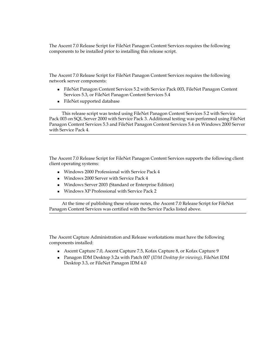 System requirements, Filenet panagon content services server support, Client operating system support | Kofax Ascen 7.0 Release Script for FileNet Panagon Content Services 5.2-5.4 User Manual | Page 6 / 30
