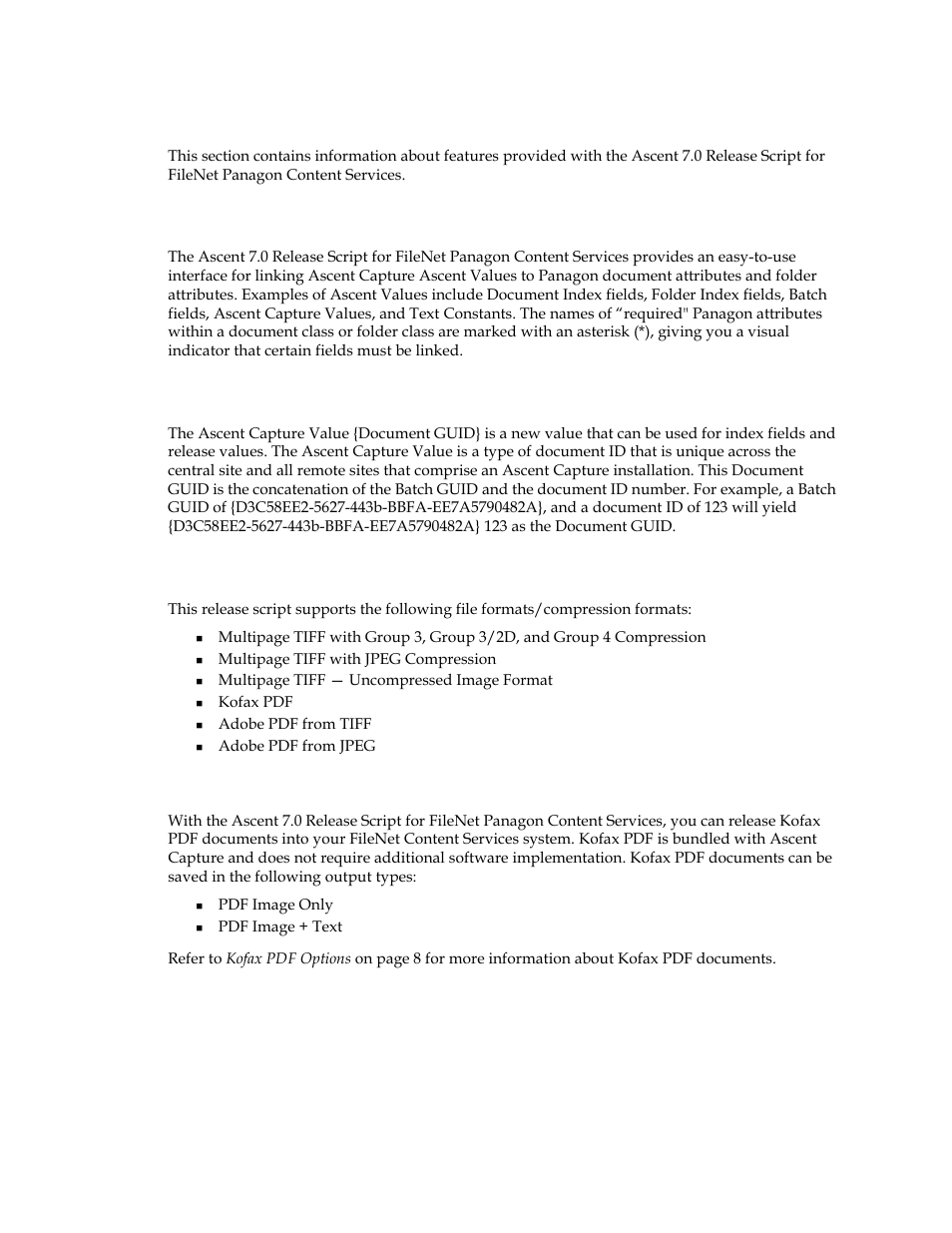 Features, Ascent capture values / panagon attributes, Ascent capture value {document guid | Image support, Kofax pdf support | Kofax Ascen 7.0 Release Script for FileNet Panagon Content Services 5.2-5.4 User Manual | Page 8 / 30
