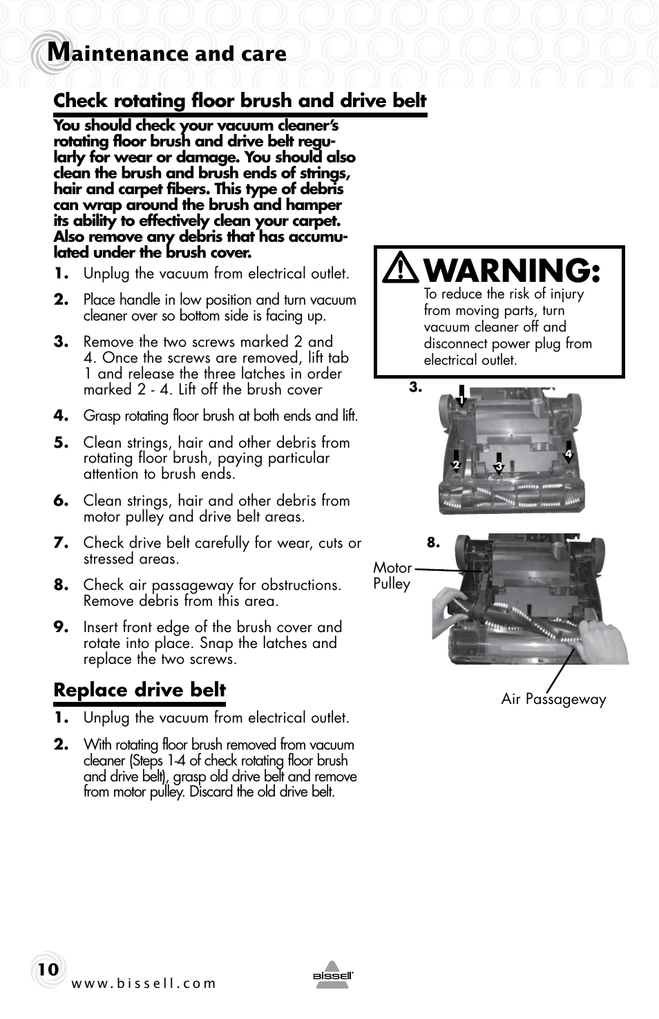 Warning, Aintenance and care, Replace drive belt | Check rotating floor brush and drive belt | Bissell 58K5 User Manual | Page 10 / 16