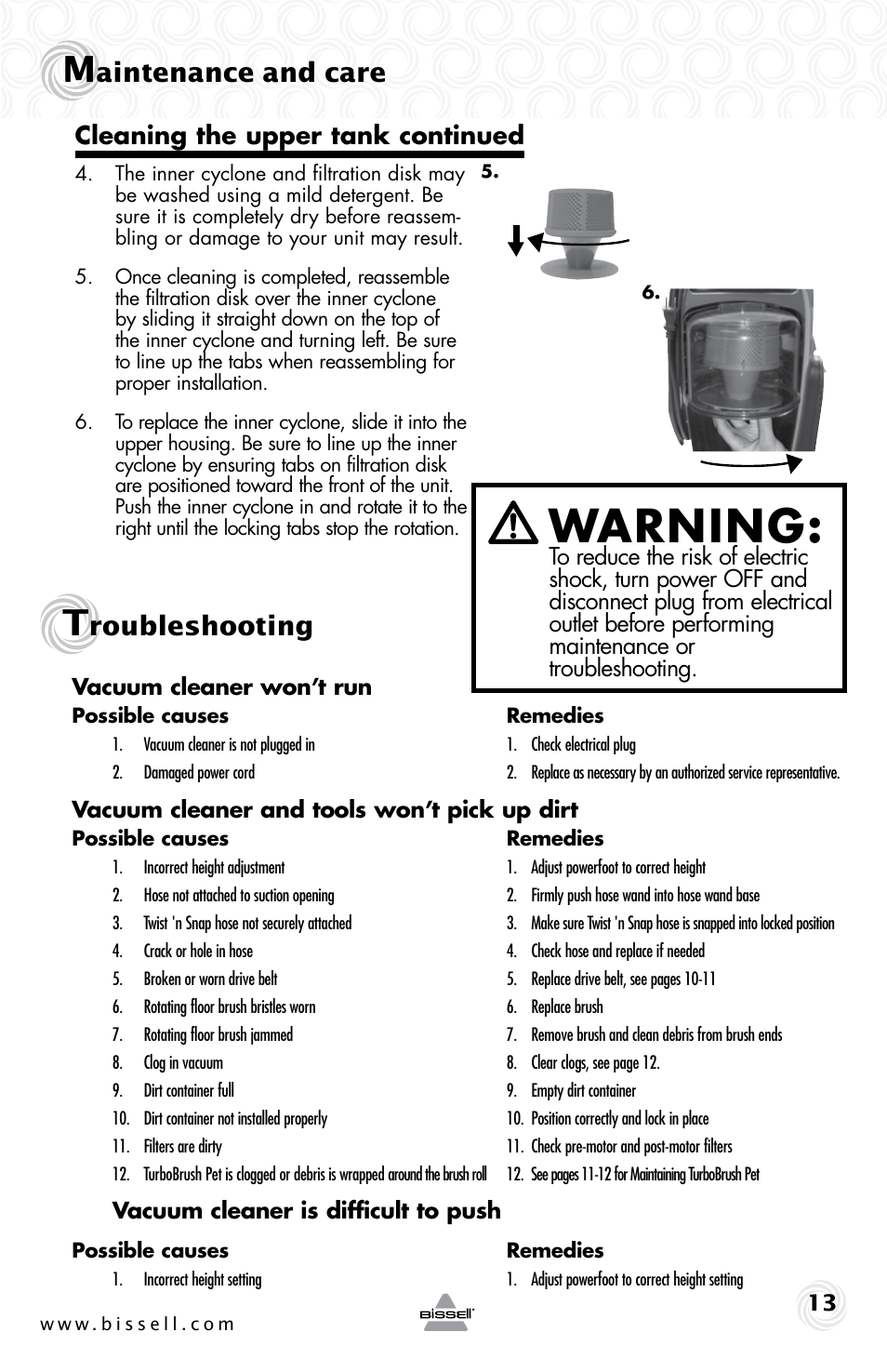 Warning, Aintenance and care, Roubleshooting | Cleaning the upper tank continued | Bissell 58K5 User Manual | Page 13 / 16