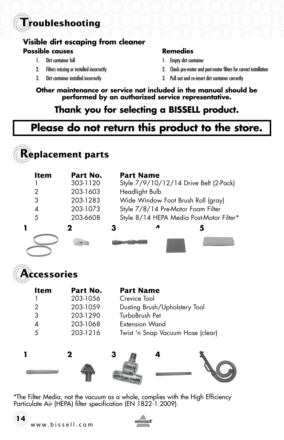 Please do not return this product to the store, Roubleshooting, Eplacement parts | Ccessories | Bissell 58K5 User Manual | Page 14 / 16