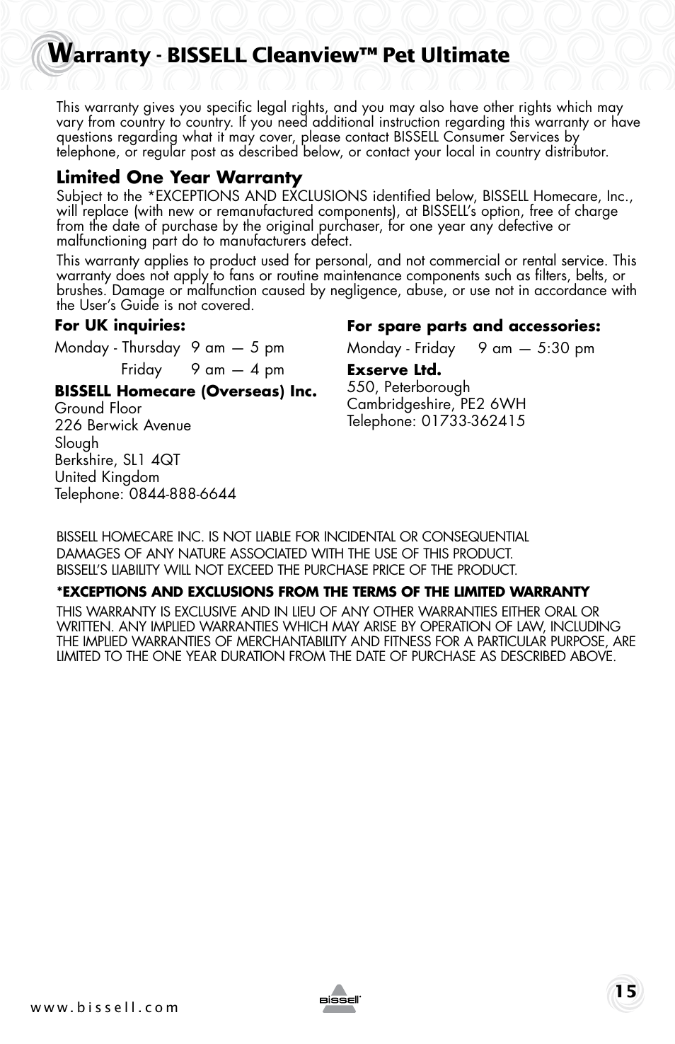 Arranty - bissell cleanview™ pet ultimate | Bissell 58K5 User Manual | Page 15 / 16