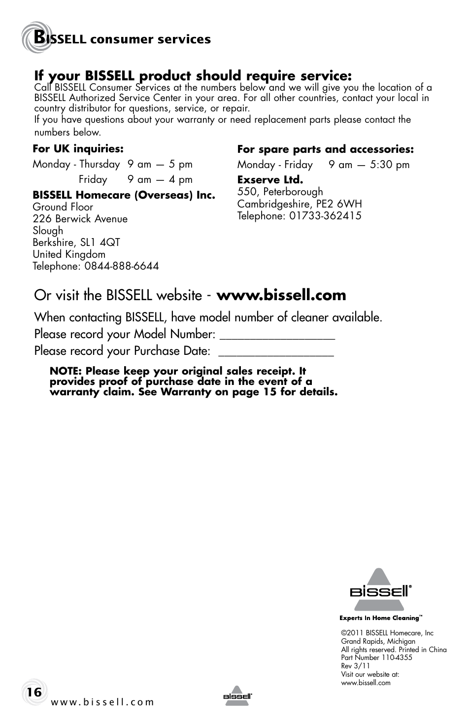 If your bissell product should require service, Issell consumer services | Bissell 58K5 User Manual | Page 16 / 16