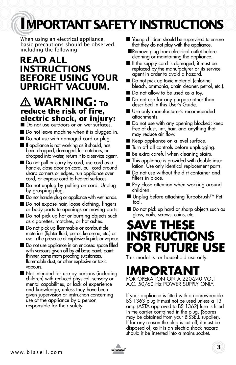 Mportant safety instructions, Warning, Save these instructions for future use | Important | Bissell 58K5 User Manual | Page 3 / 16
