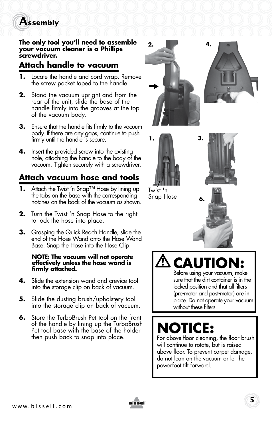 Caution, Notice, Attach handle to vacuum | Attach vacuum hose and tools | Bissell 58K5 User Manual | Page 5 / 16