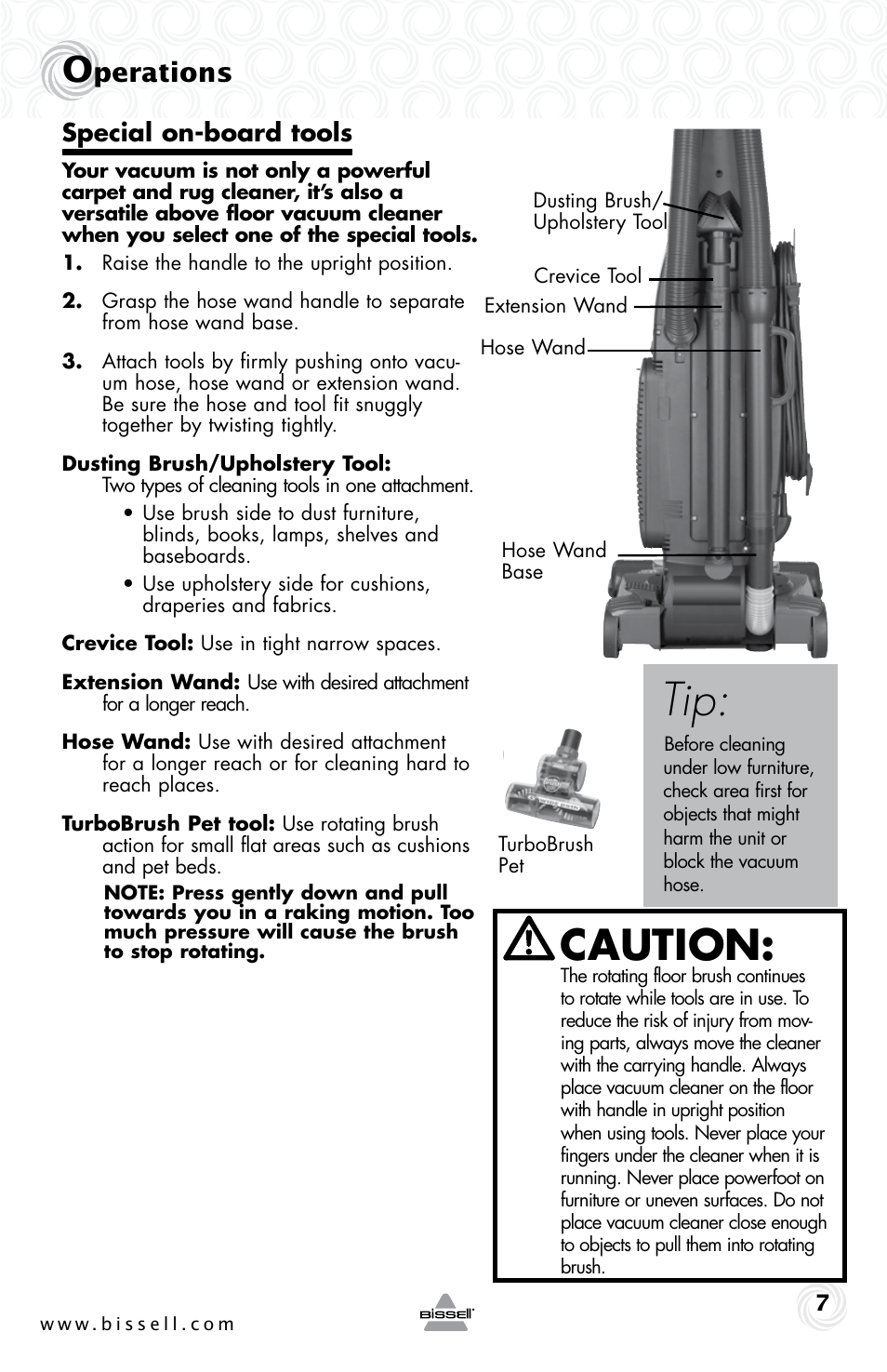 Caution, Perations, Special on-board tools | Bissell 58K5 User Manual | Page 7 / 16