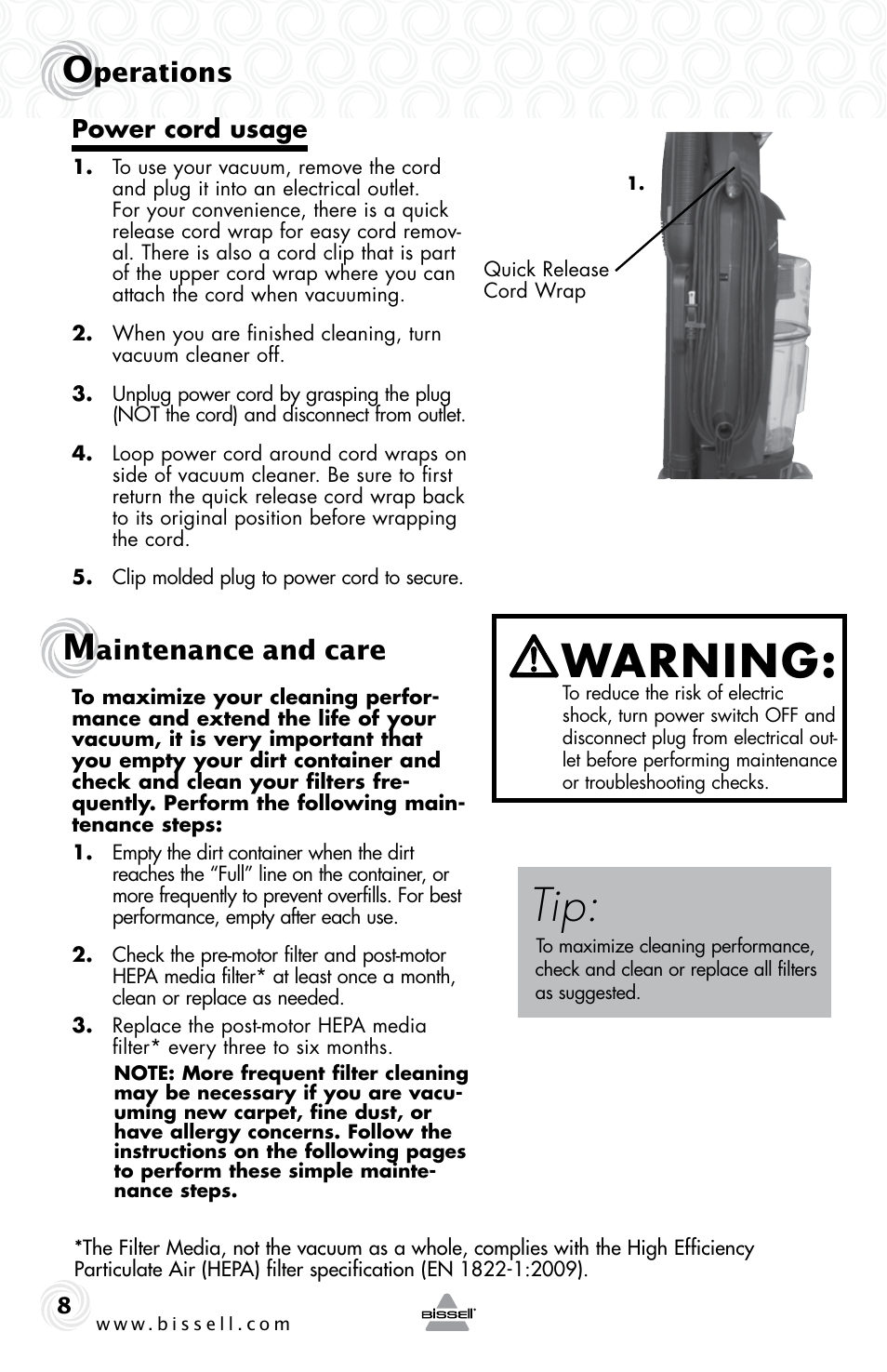 Warning, Perations, Aintenance and care | Power cord usage | Bissell 58K5 User Manual | Page 8 / 16