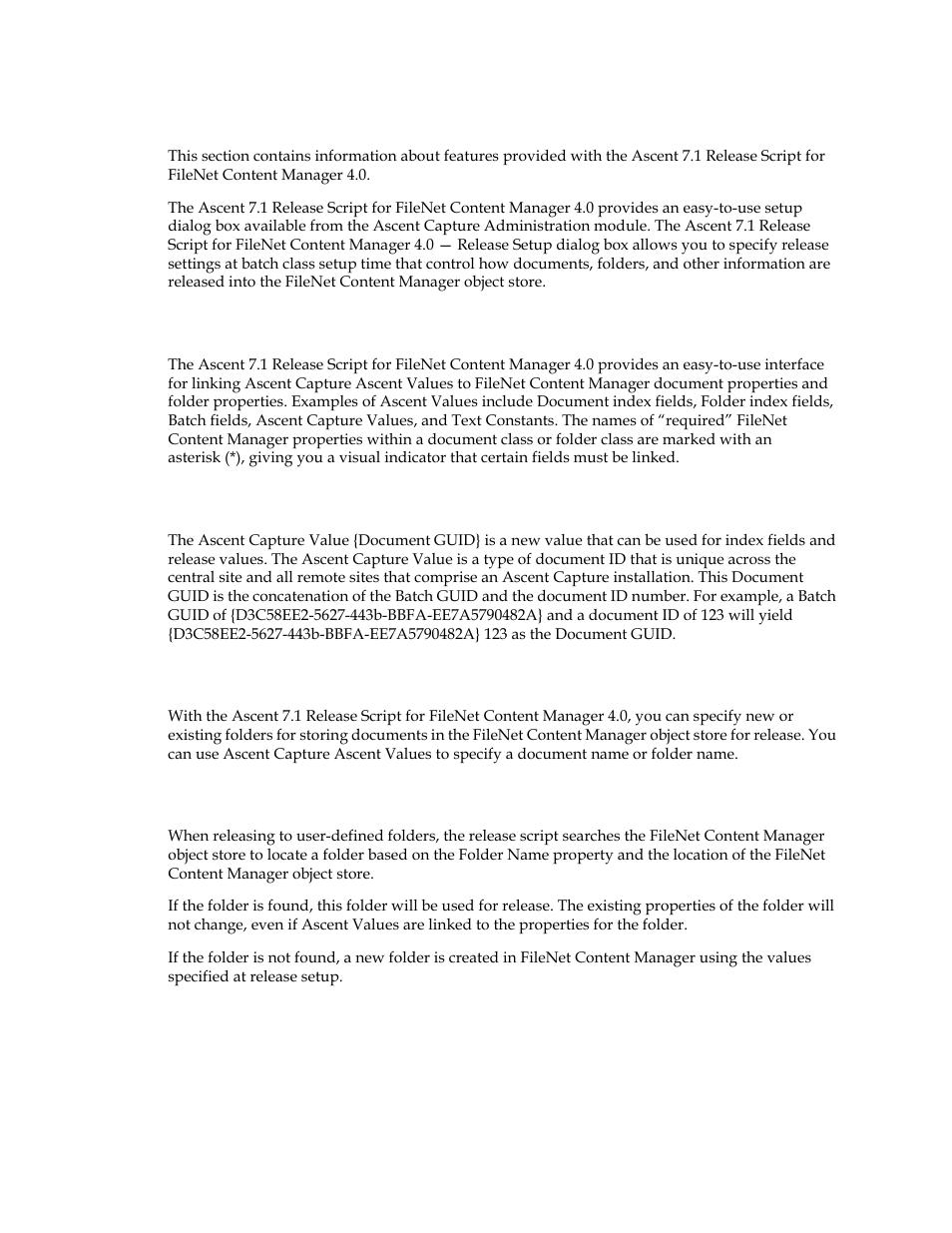 Features, Ascent values / filenet content manager properties, Ascent capture value {document guid | Document storage, Folder creation | Kofax Ascen 7.1 Release Script for FileNet Content Manager 4.0 User Manual | Page 11 / 48