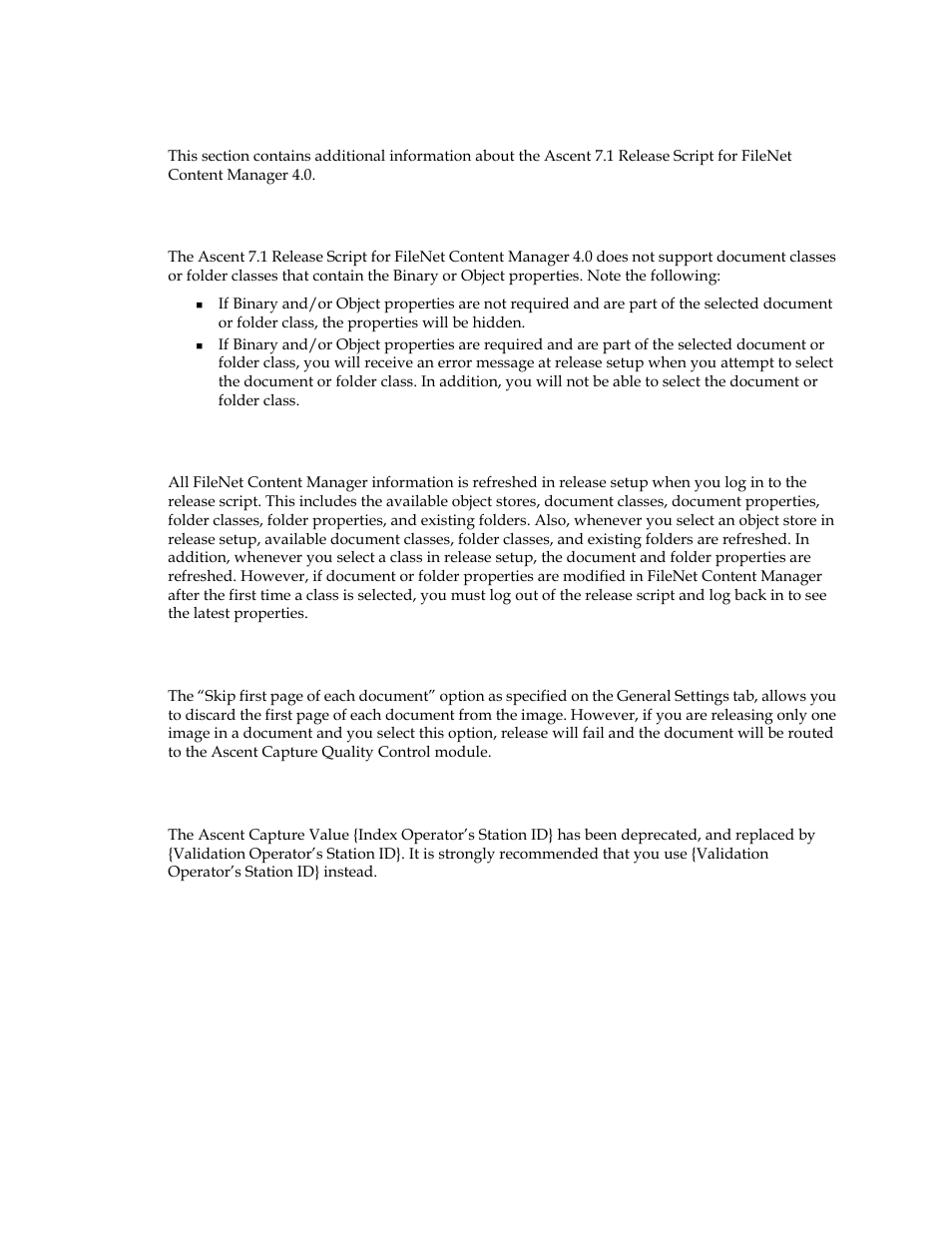 Additional information, Binary and object properties not supported, Index operator’s station id} ascent capture value | Kofax Ascen 7.1 Release Script for FileNet Content Manager 4.0 User Manual | Page 15 / 48