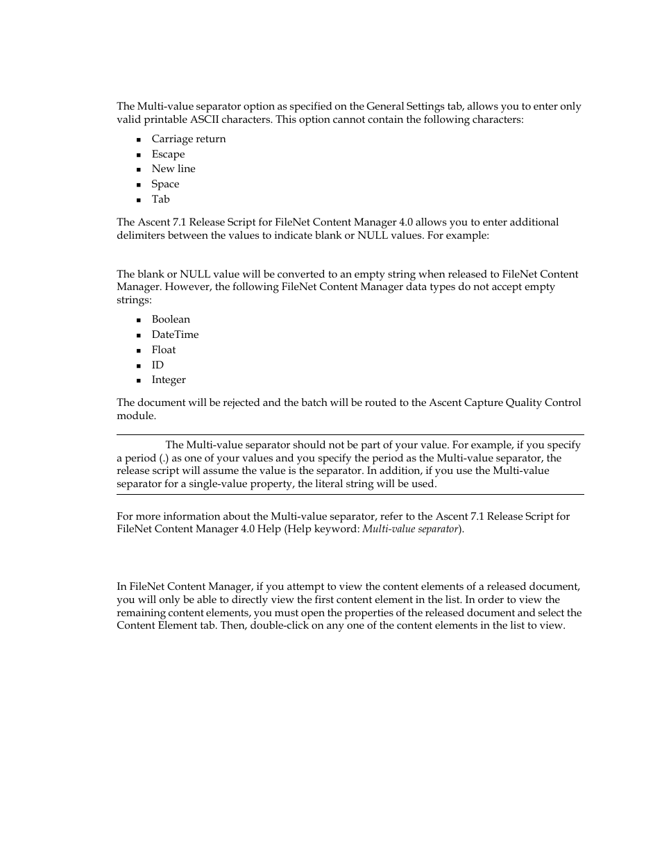 Multi-value separator option, Viewing content elements | Kofax Ascen 7.1 Release Script for FileNet Content Manager 4.0 User Manual | Page 17 / 48