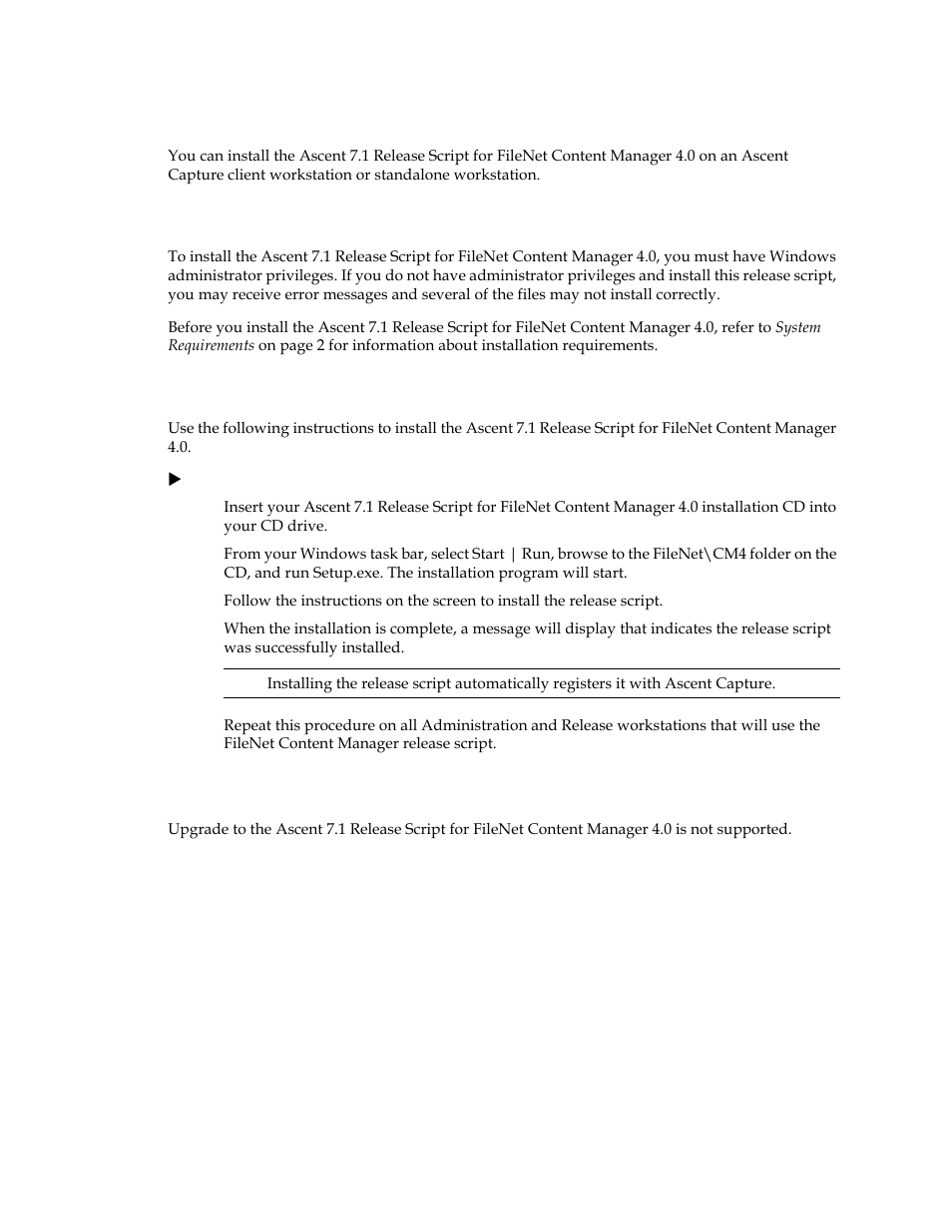 Installing the release script, Important note about installation, Installation instructions | Upgrading the release script, Installing the release script on, Script. refer to installing the release script on | Kofax Ascen 7.1 Release Script for FileNet Content Manager 4.0 User Manual | Page 25 / 48