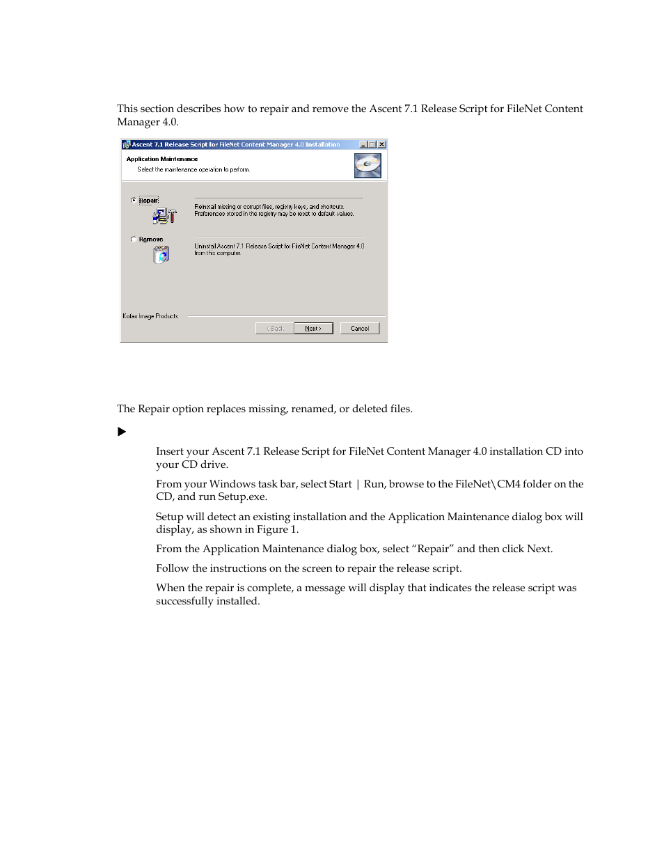 Application maintenance, Repairing the release script | Kofax Ascen 7.1 Release Script for FileNet Content Manager 4.0 User Manual | Page 26 / 48
