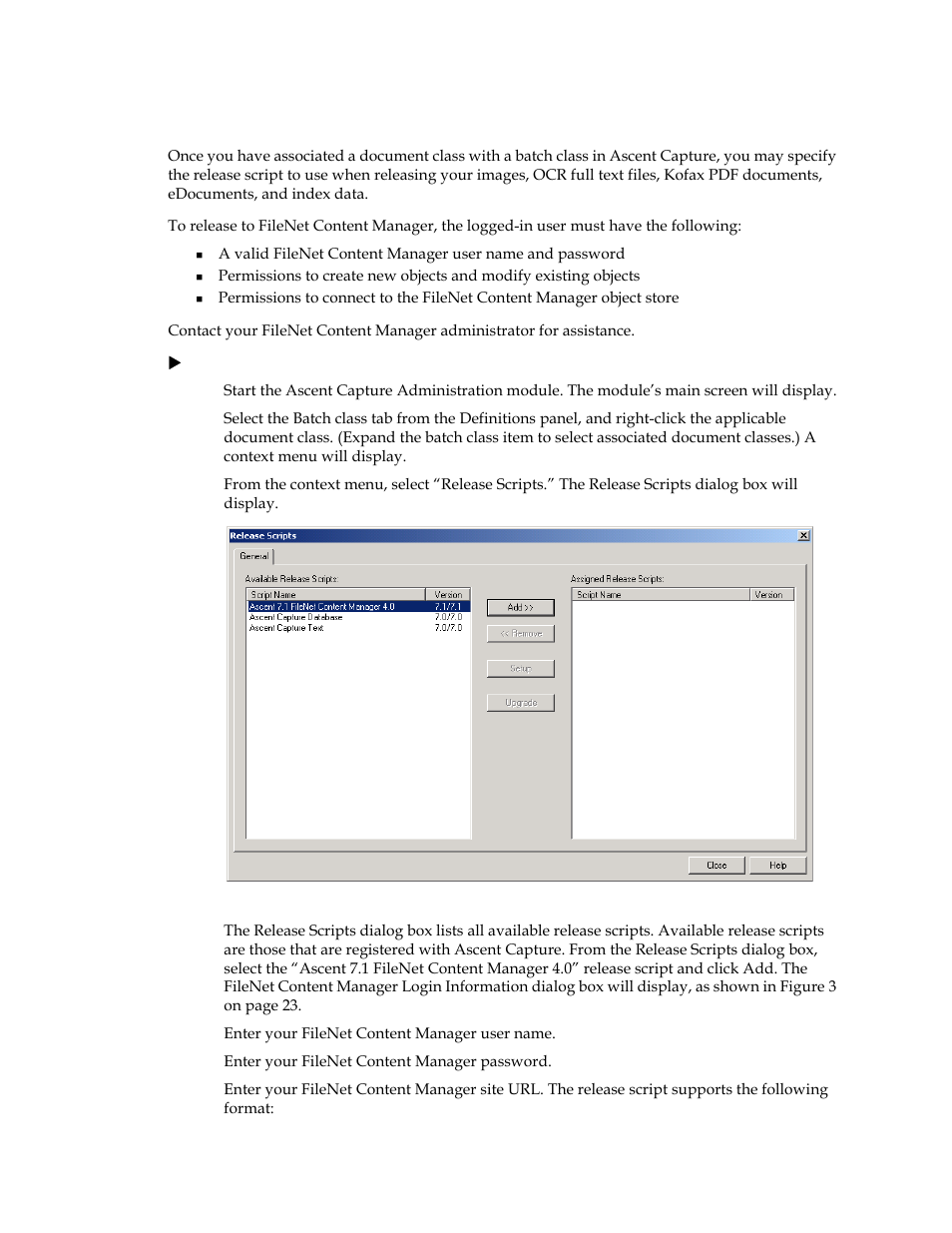 Logging on to the release script | Kofax Ascen 7.1 Release Script for FileNet Content Manager 4.0 User Manual | Page 28 / 48