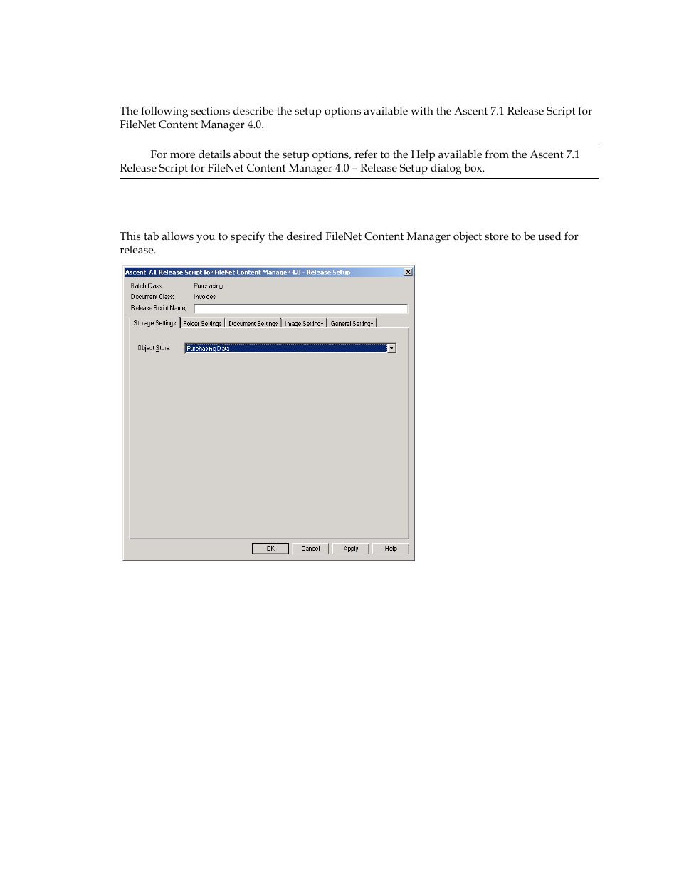 Setting up the release script, Storage settings tab | Kofax Ascen 7.1 Release Script for FileNet Content Manager 4.0 User Manual | Page 31 / 48