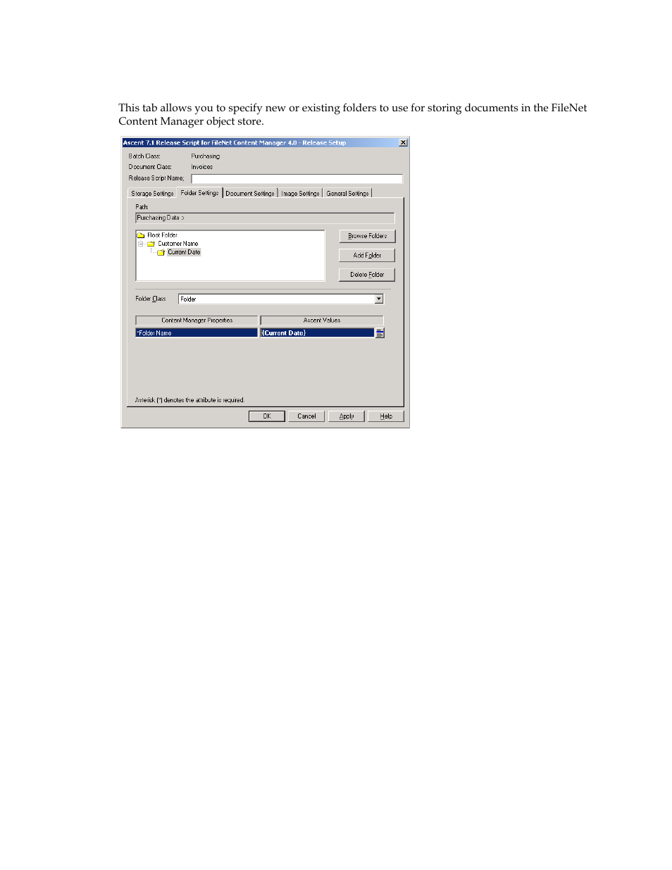 Folder settings tab | Kofax Ascen 7.1 Release Script for FileNet Content Manager 4.0 User Manual | Page 32 / 48