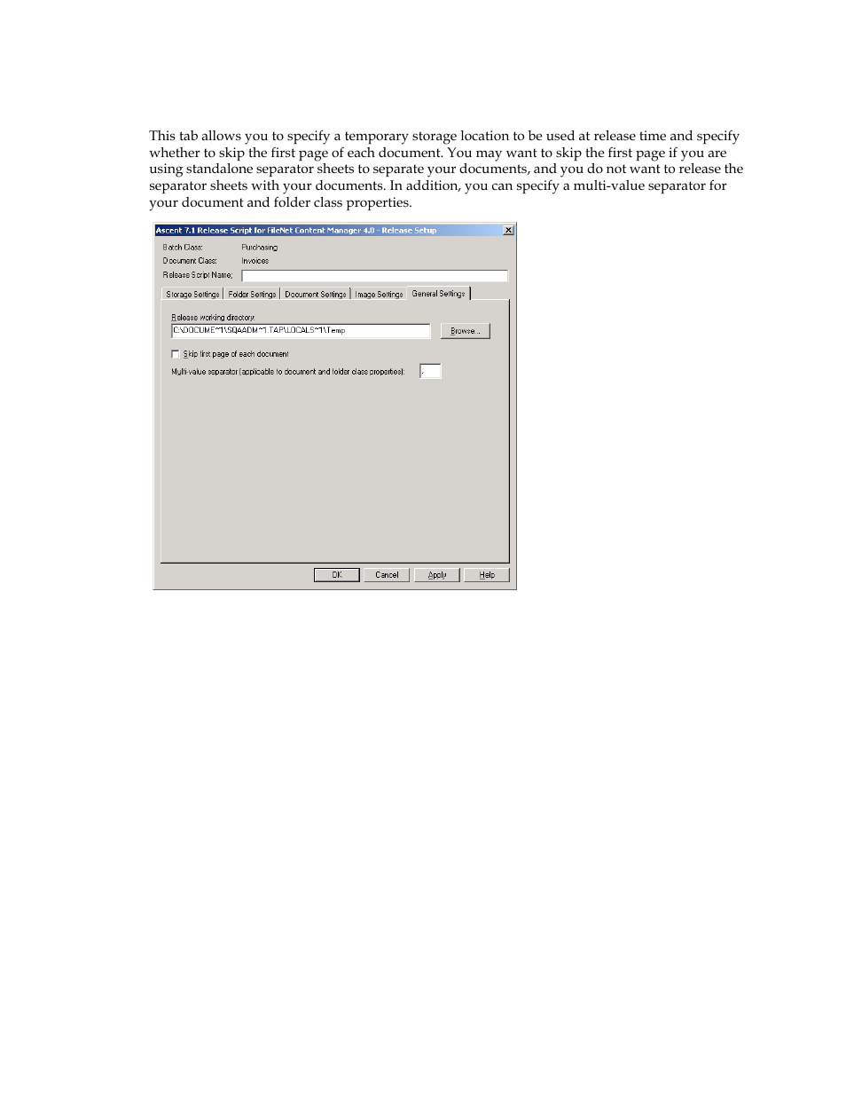 General settings tab | Kofax Ascen 7.1 Release Script for FileNet Content Manager 4.0 User Manual | Page 35 / 48