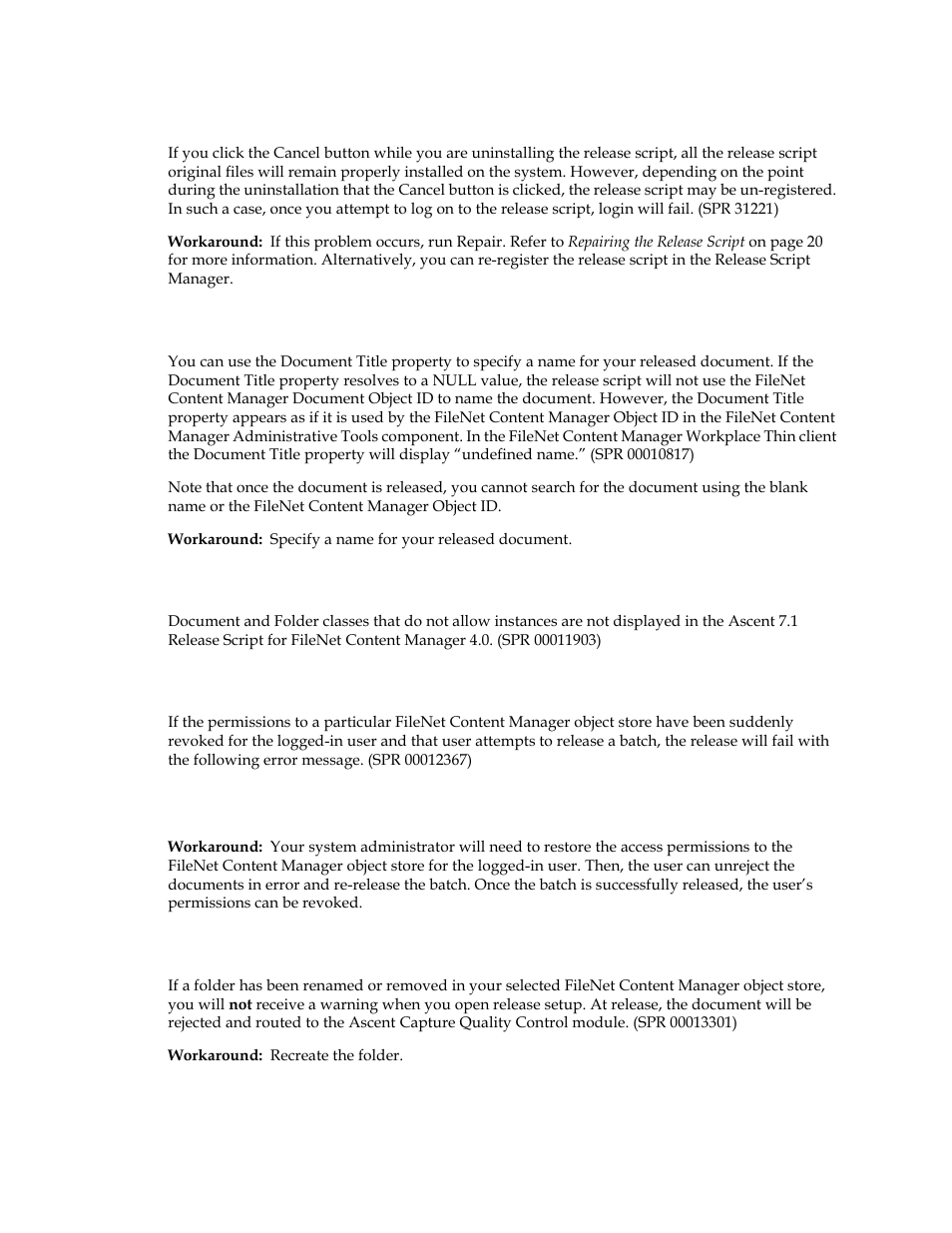 Problems when uninstalling the release script, Document title property, Revoking user permissions to the object store | Kofax Ascen 7.1 Release Script for FileNet Content Manager 4.0 User Manual | Page 39 / 48